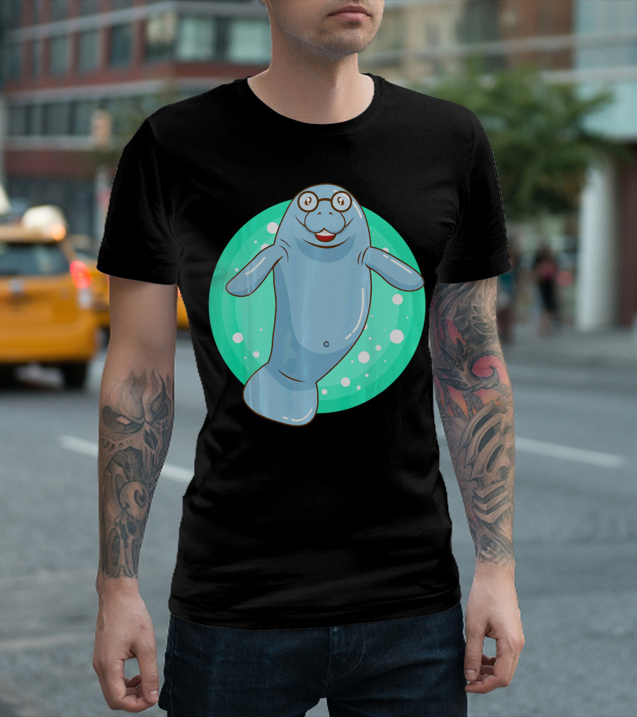 Cute Manatee With Glasses Unique Nerd T-Shirt