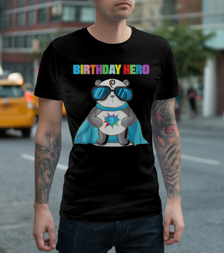 3 Year Old Birthday Hero Panda with Cape and Glasses T-Shirt
