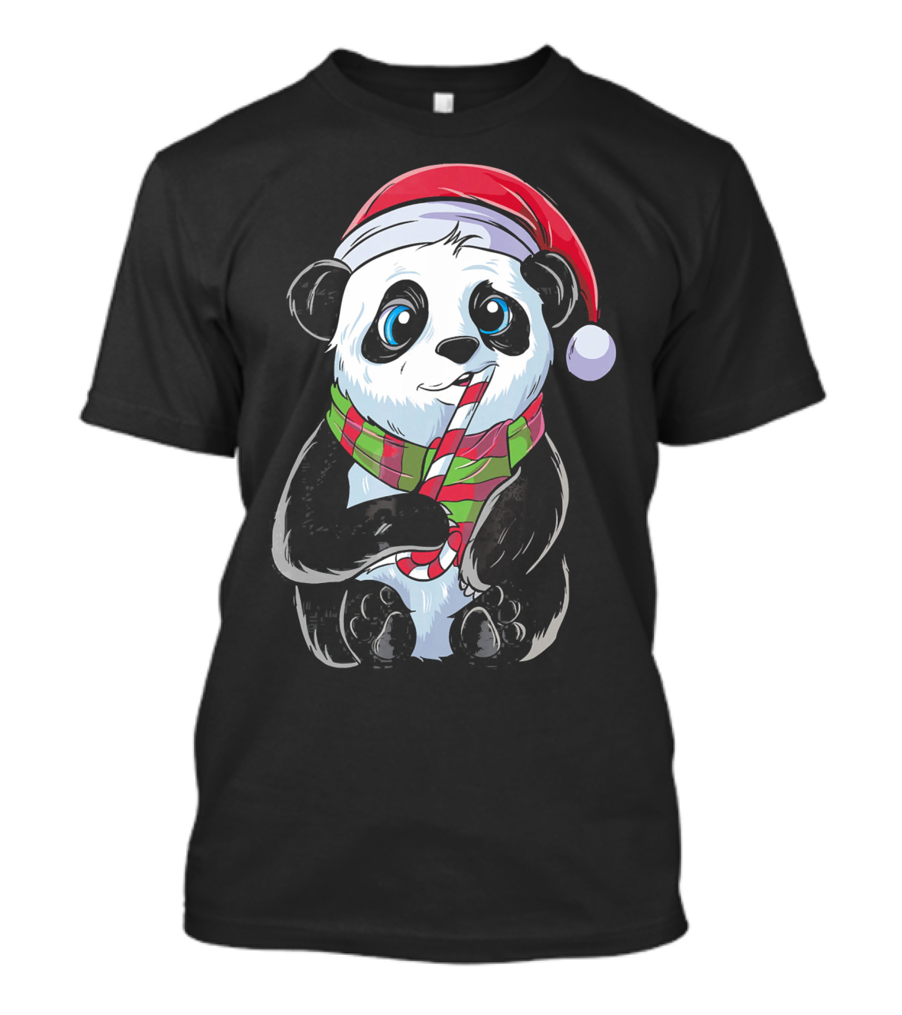 Cute Funny Christmas Panda With Santa Hat And Candy Cane T-Shirt