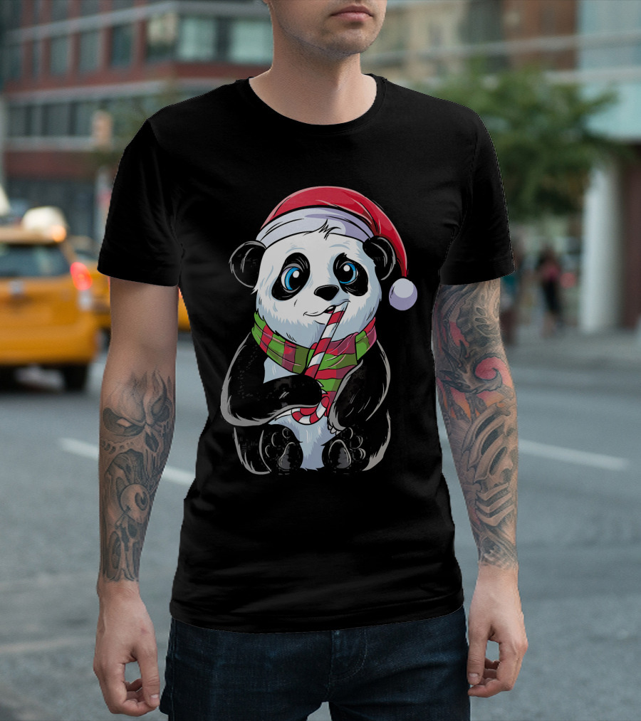 Cute Funny Christmas Panda With Santa Hat And Candy Cane T-Shirt