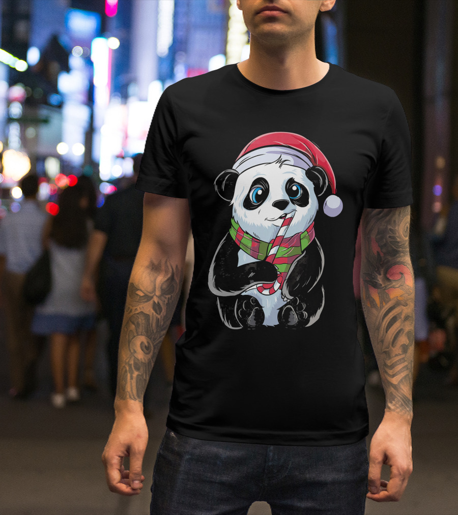 Cute Funny Christmas Panda With Santa Hat And Candy Cane T-Shirt
