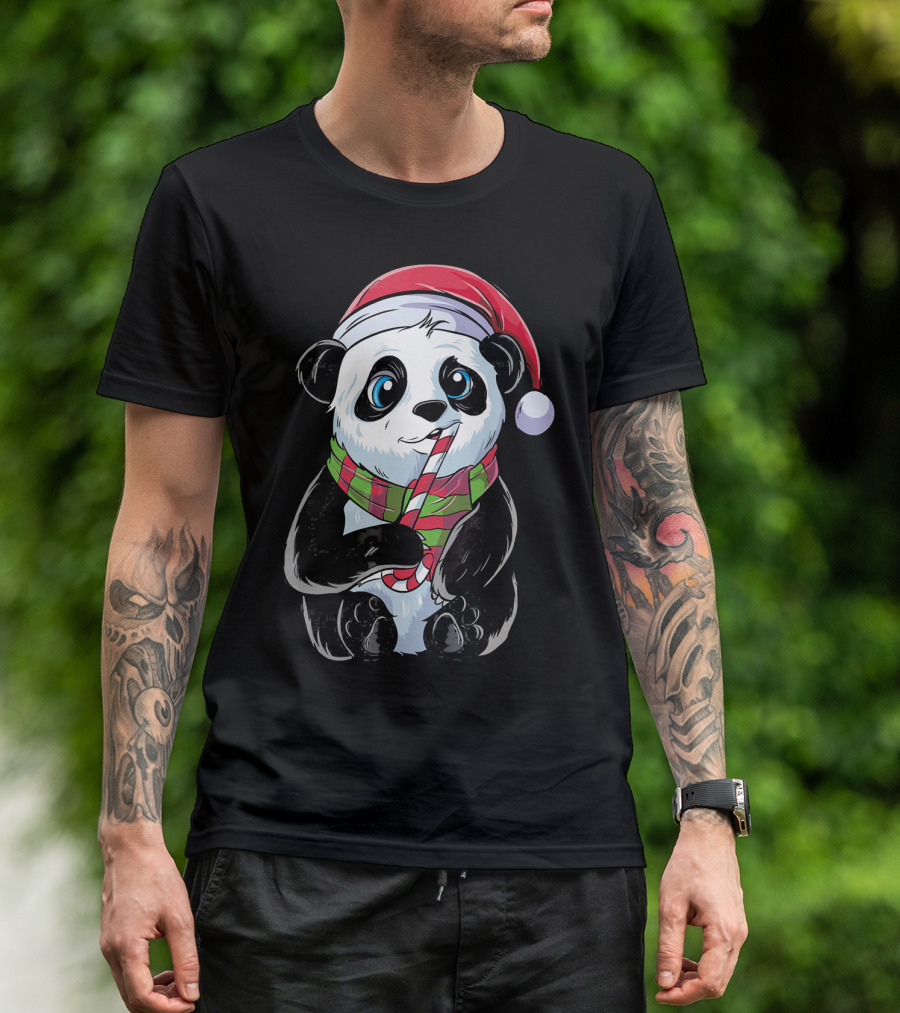 Cute Funny Christmas Panda With Santa Hat And Candy Cane T-Shirt