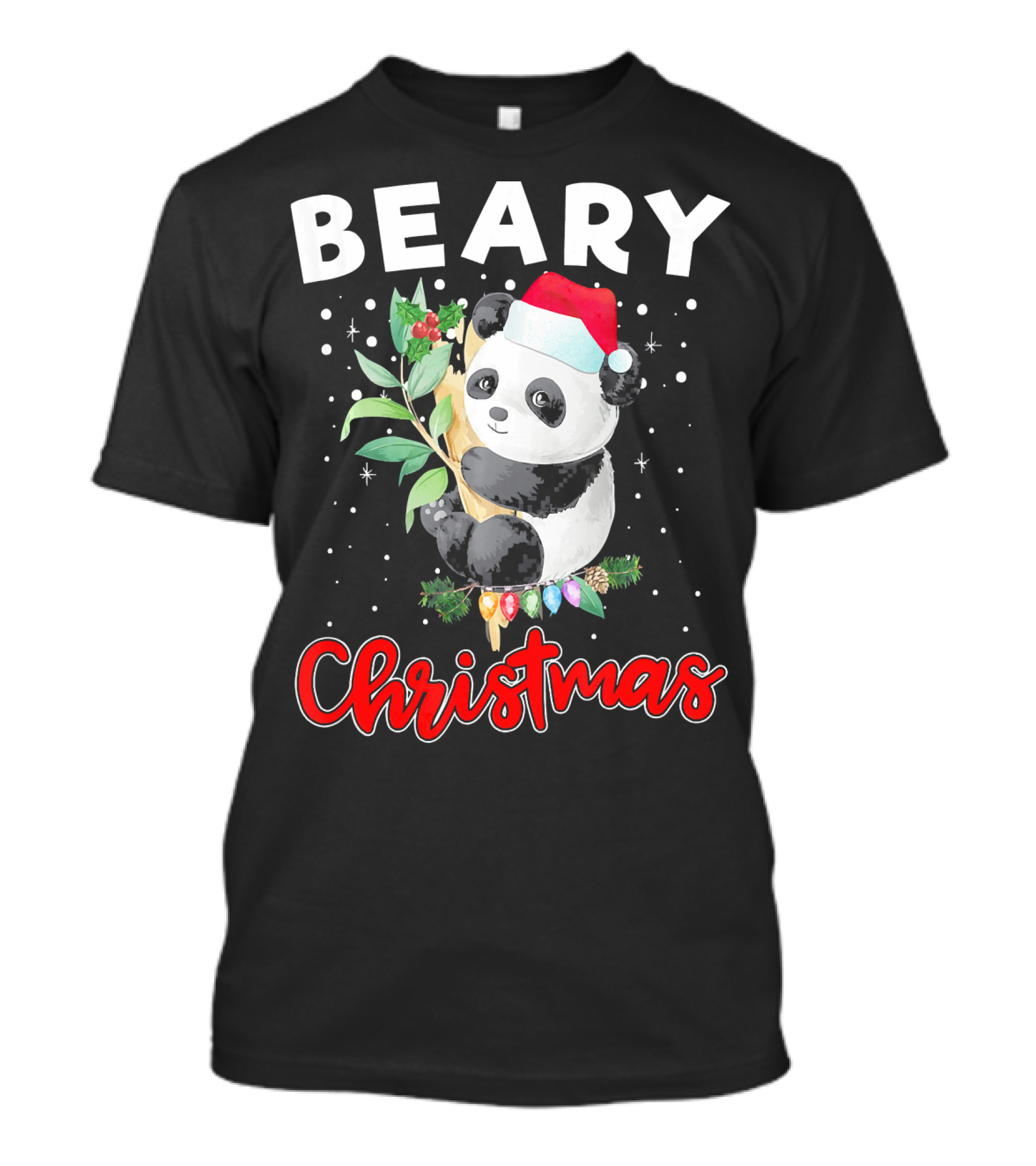 Beary Christmas Panda Bear With Santa Hat And Festive Lights T-Shirt