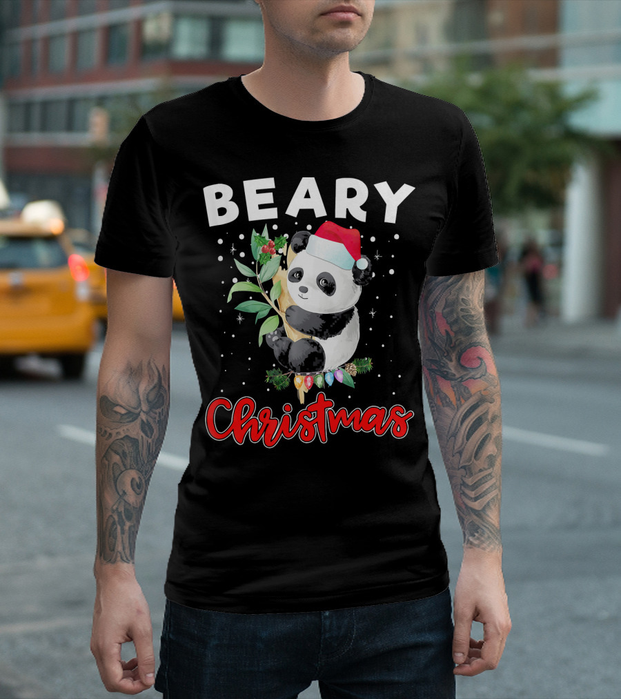 Beary Christmas Panda Bear with Santa Hat and Festive Lights T-Shirt