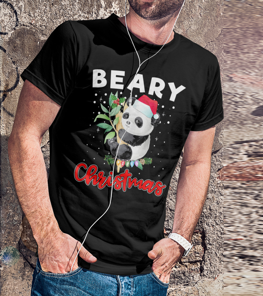 Beary Christmas Panda Bear With Santa Hat And Festive Lights T-Shirt