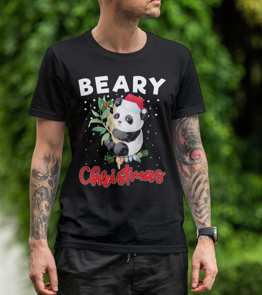 Beary Christmas Panda Bear With Santa Hat And Festive Lights T-Shirt