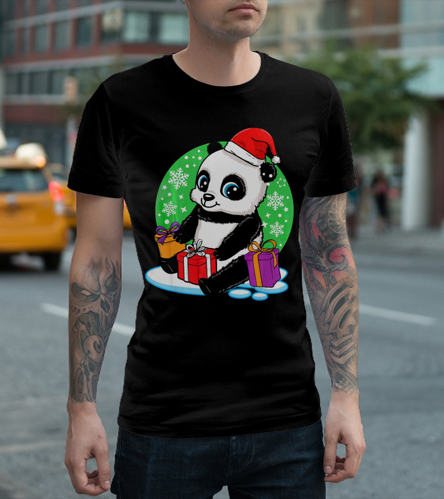 Christmas Panda Santa Hat Snowflakes Presents T-Shirt