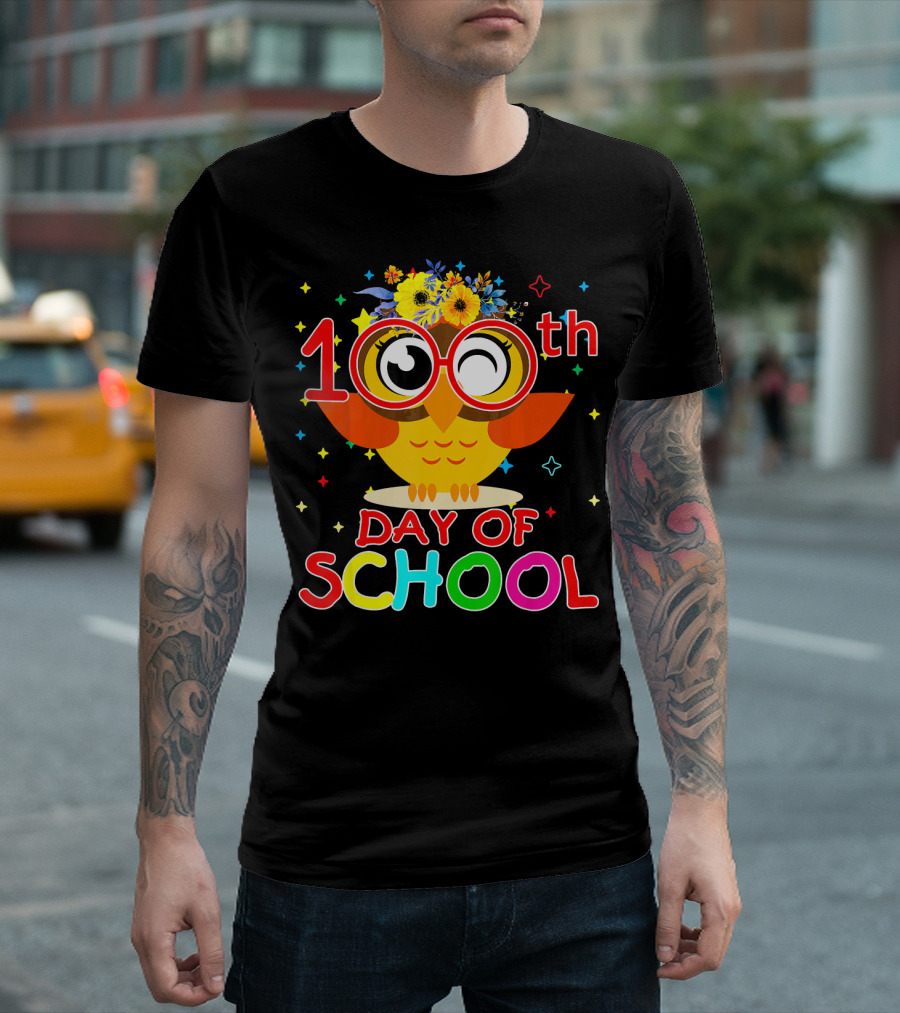 100th Day Of School Cute Owl With Flowers Fun T-Shirt