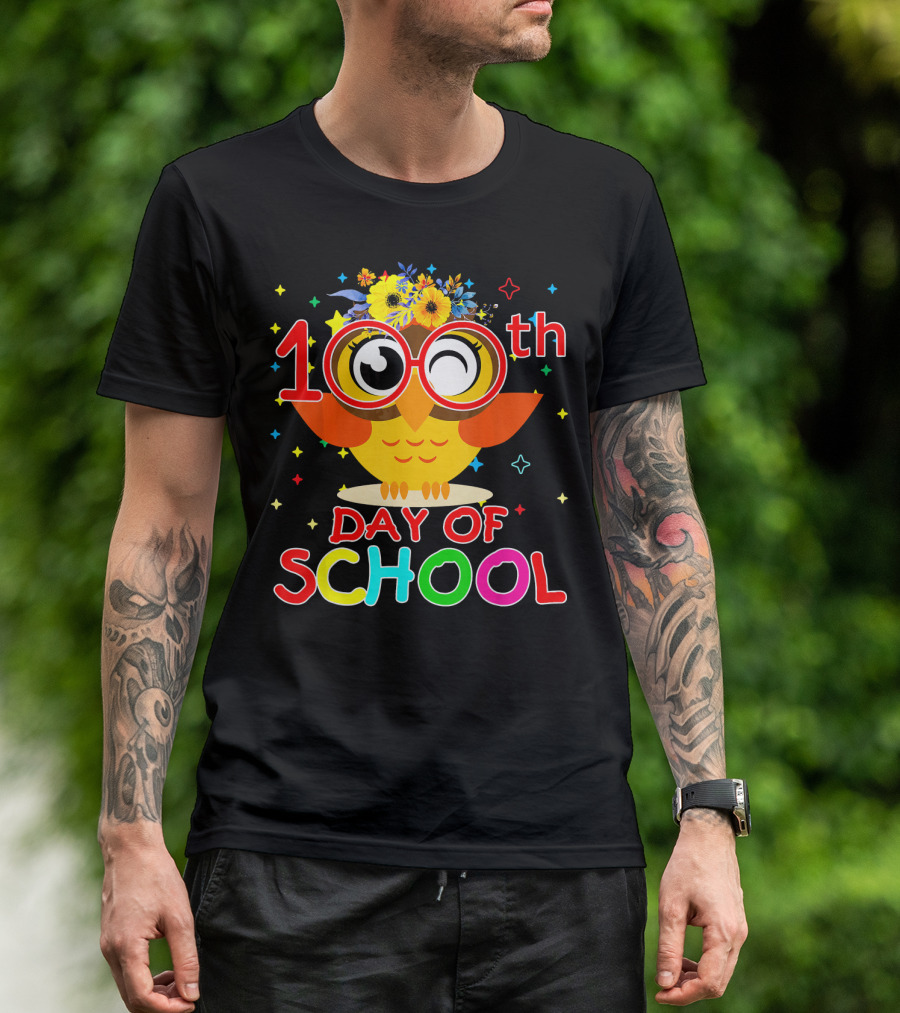 100th Day Of School Cute Owl With Flowers Fun T-Shirt