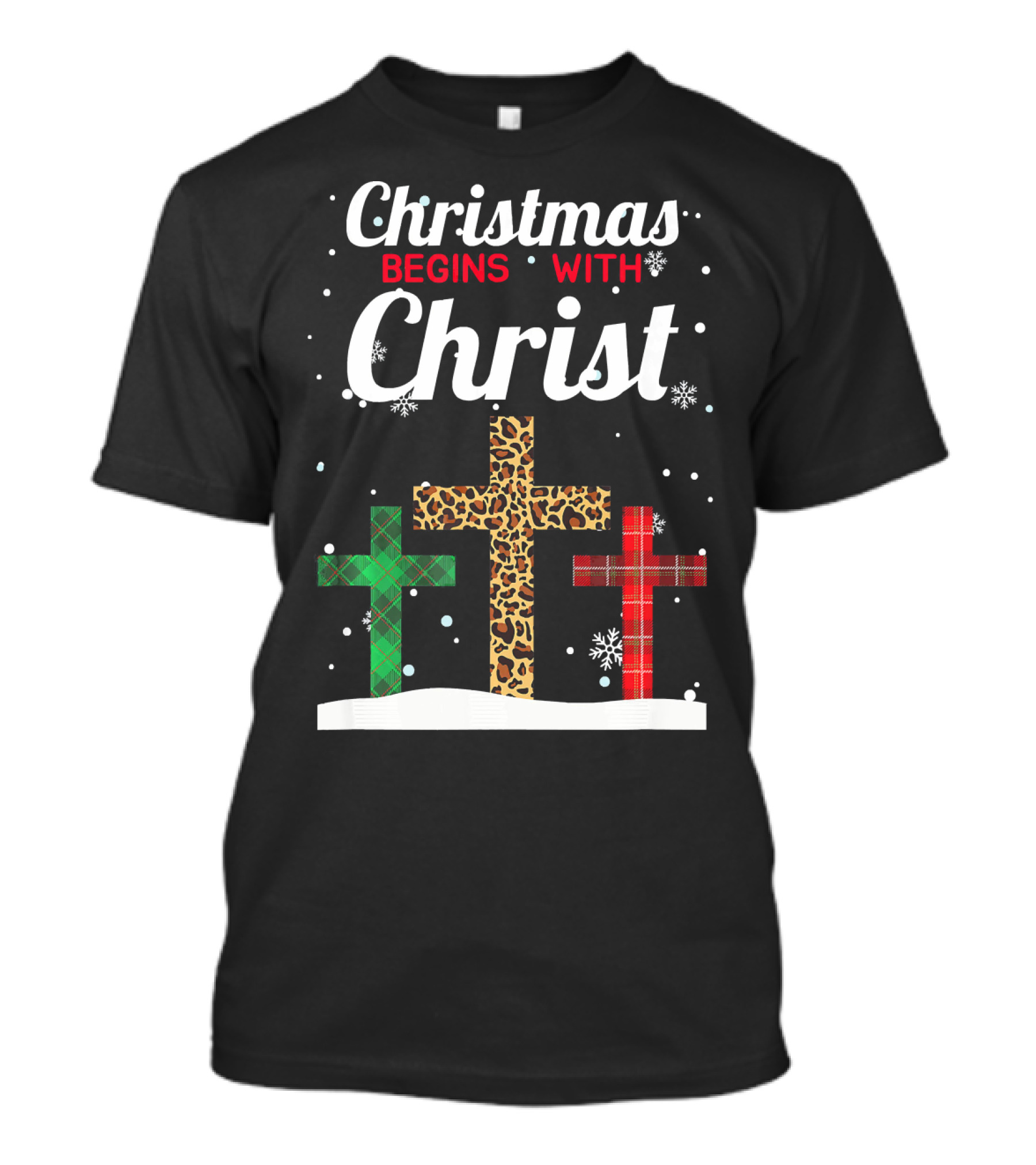 Christmas Begins With Christ Leopard And Plaid Crosses Snowflakes T-Shirt