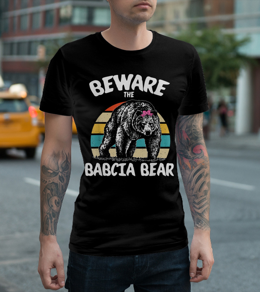 Beware the Babcia Bear Retro Polish Grandma with Pink Bow T-Shirt