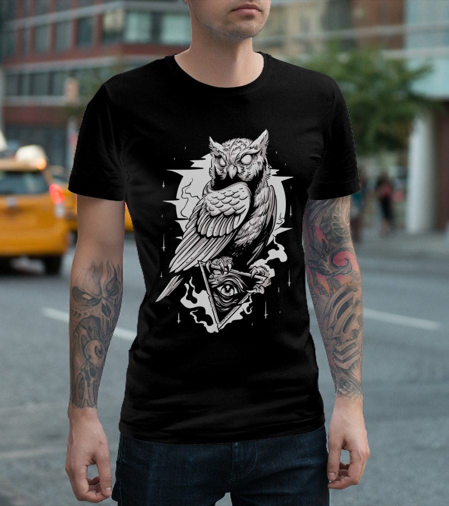 Black Owl Tattoo Illuminati Eye Triangle T-Shirt