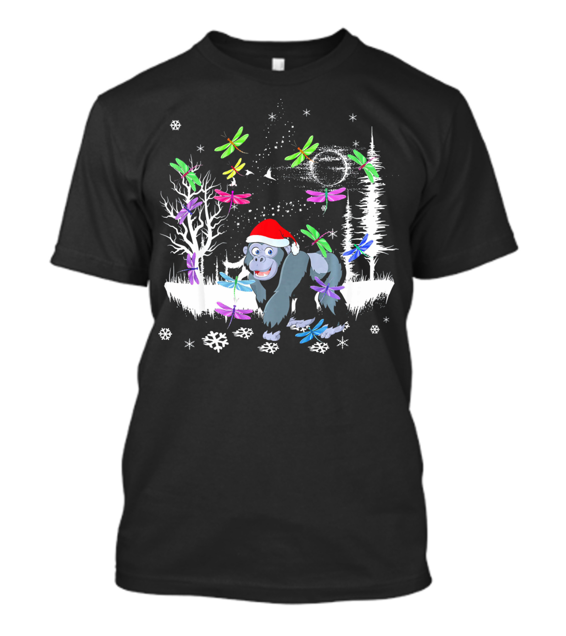 Cute Gorilla In Santa Hat With Colorful Dragonflies And Winter Scene T-Shirt