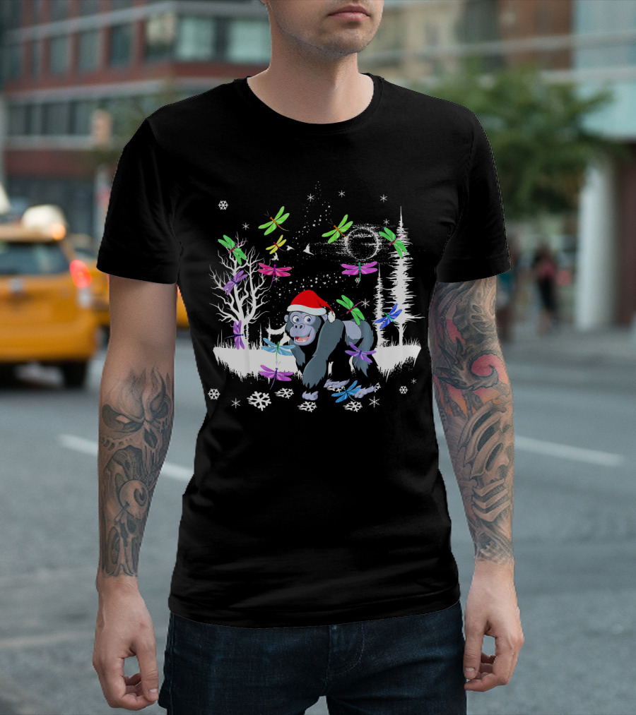 Cute Gorilla In Santa Hat With Colorful Dragonflies And Winter Scene T-Shirt