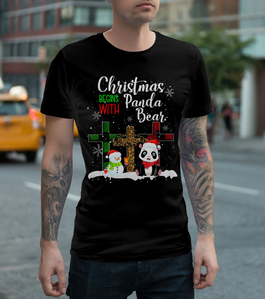 Christmas Begins With Panda Bear Snowman Santa Hat Crosses Snowflakes T-Shirt