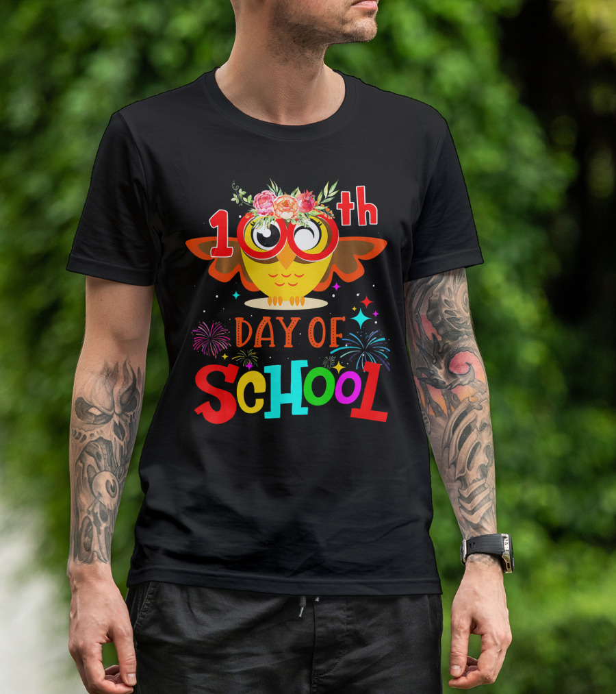 100th Day Of School Colorful Owl Celebration With Fireworks T-Shirt