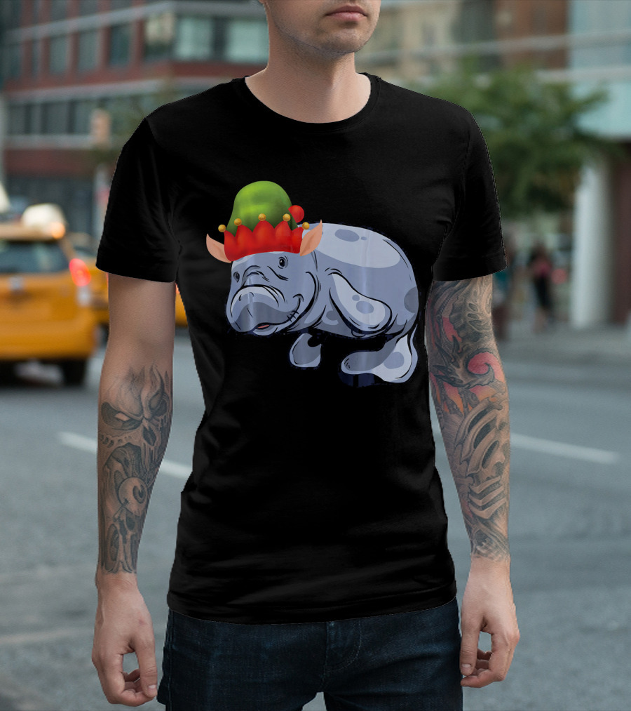 Christmas Manatee in Santa's Elf Hat T-Shirt
