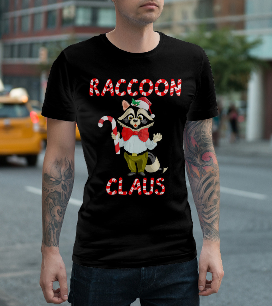 Raccoon Claus Christmas Trash Panda Candy Cane T-Shirt