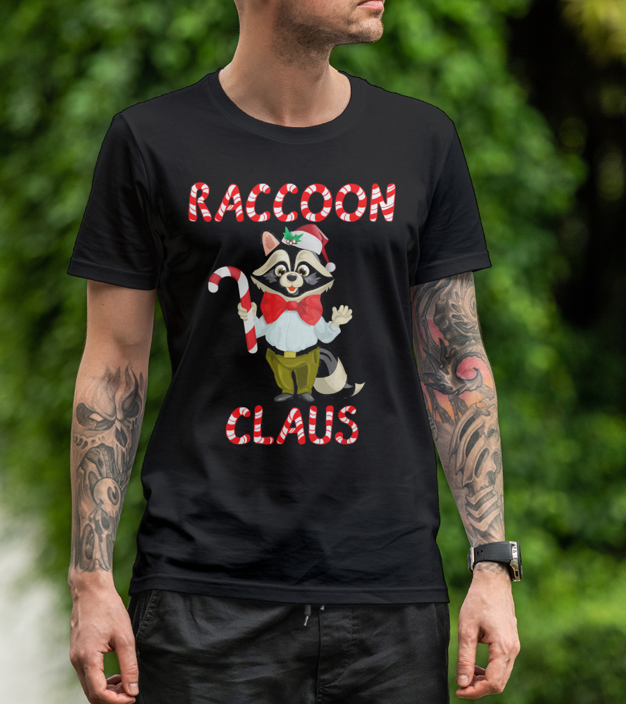 Raccoon Claus Christmas Trash Panda Candy Cane T-Shirt
