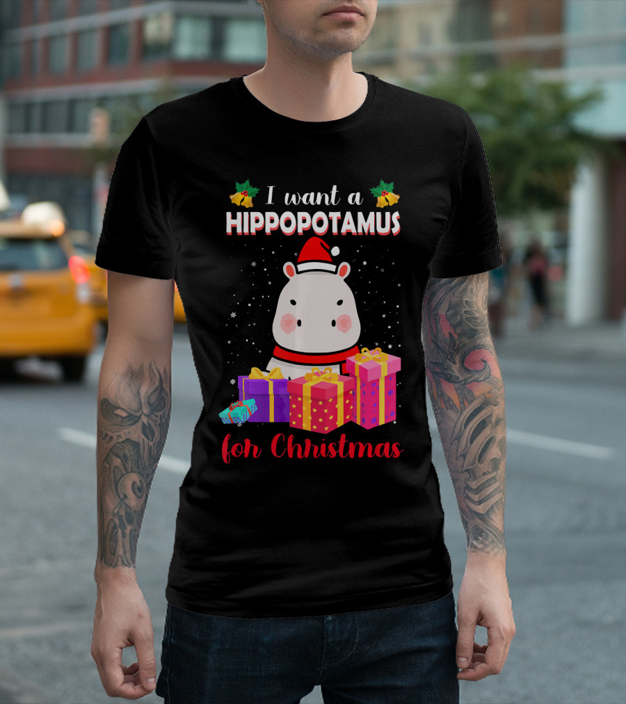 I Want A Hippopotamus For Christmas Cute Hippo Santa Hat Gifts T-Shirt