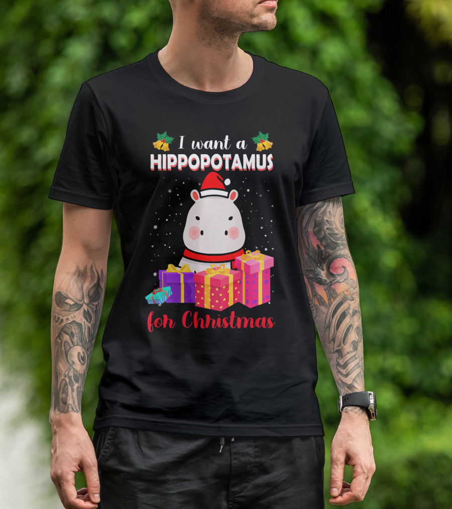 I Want A Hippopotamus For Christmas Cute Hippo Santa Hat Gifts T-Shirt