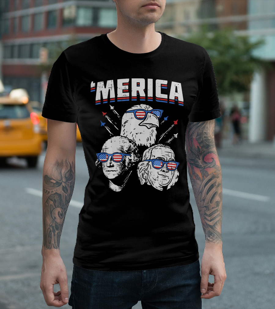 'Merica Washington Franklin Eagle Sunglasses USA Patriotic T-Shirt
