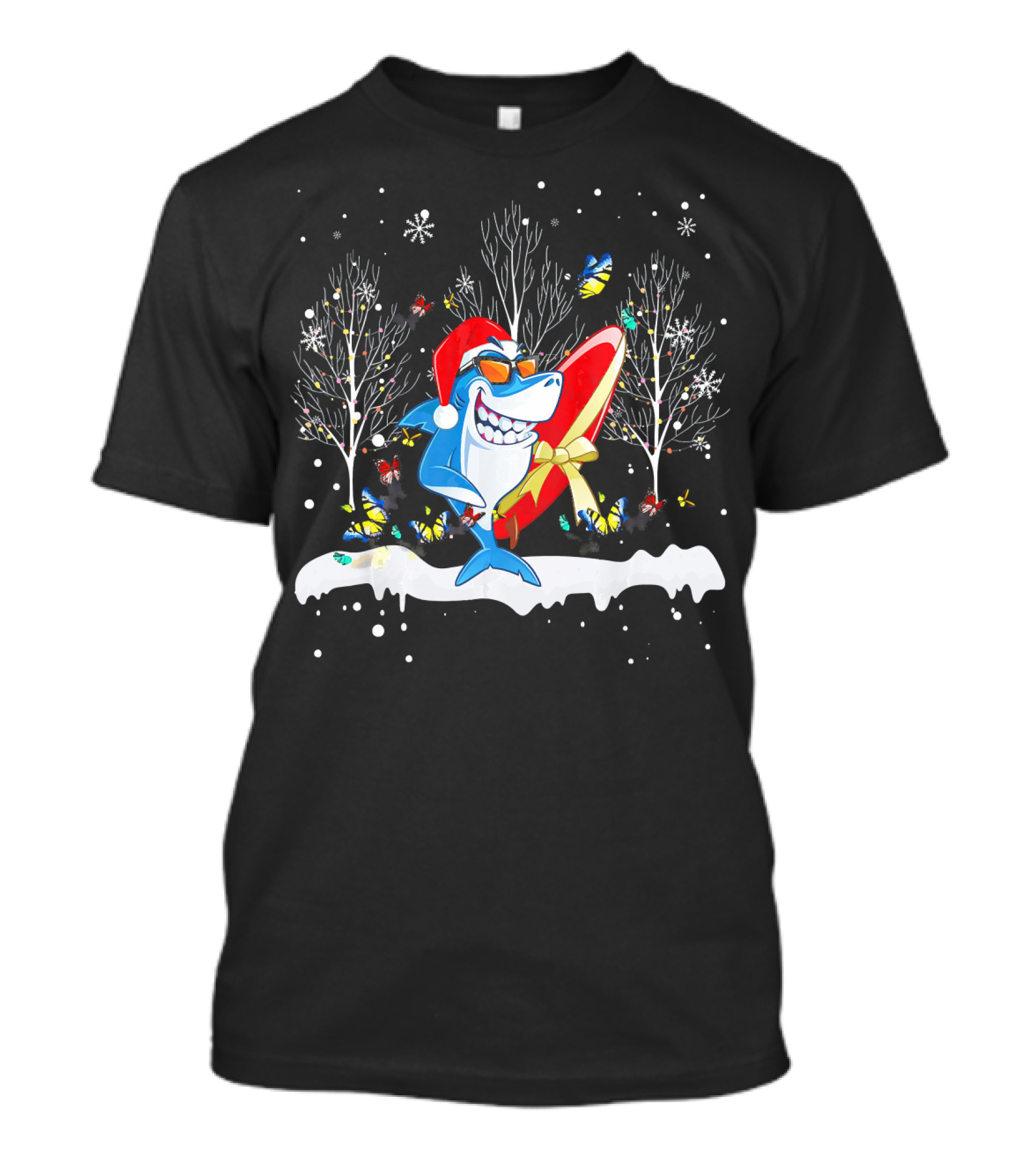 Jolly Shark Santa Surfing Snowy Christmas Butterfly Scene T-Shirt