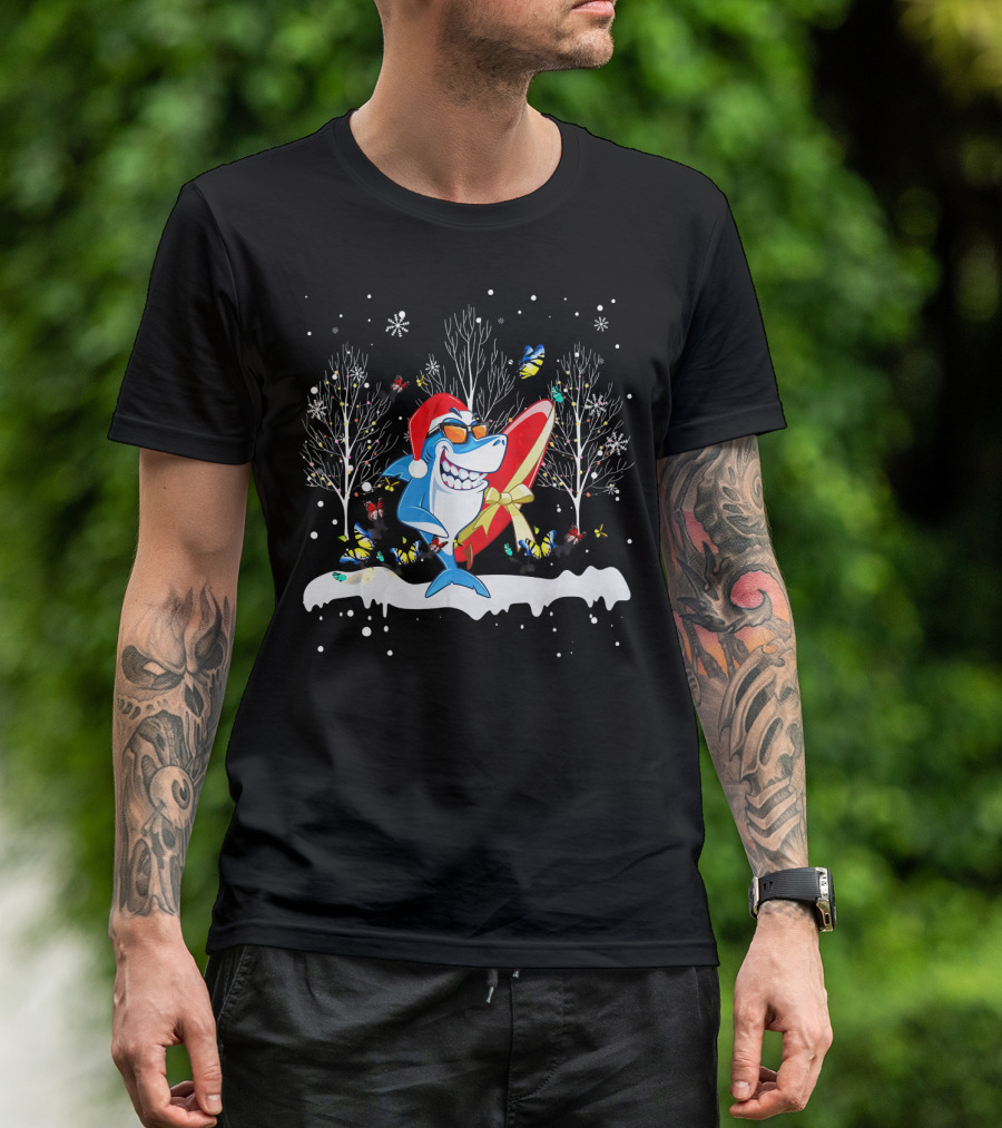 Jolly Shark Santa Surfing Snowy Christmas Butterfly Scene T-Shirt