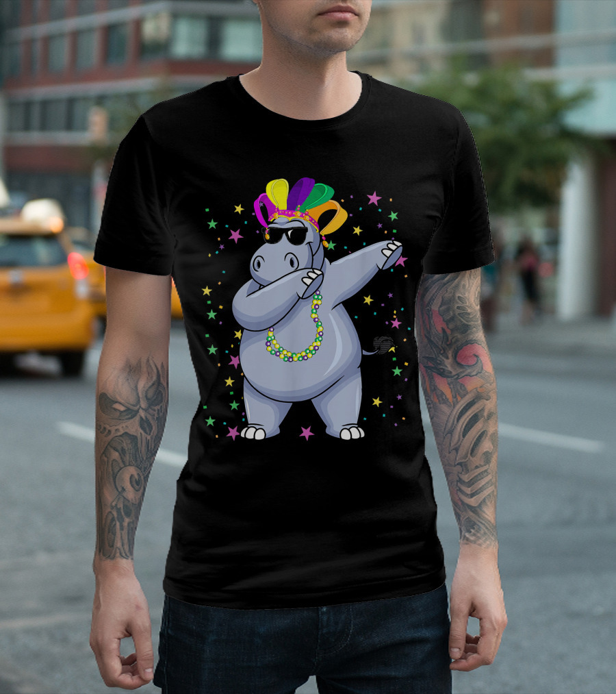 Hippo Dab Dance Mardi Gras Jester Beads And Stars T-Shirt