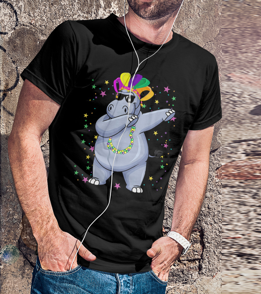 Hippo Dab Dance Mardi Gras Jester Beads And Stars T-Shirt