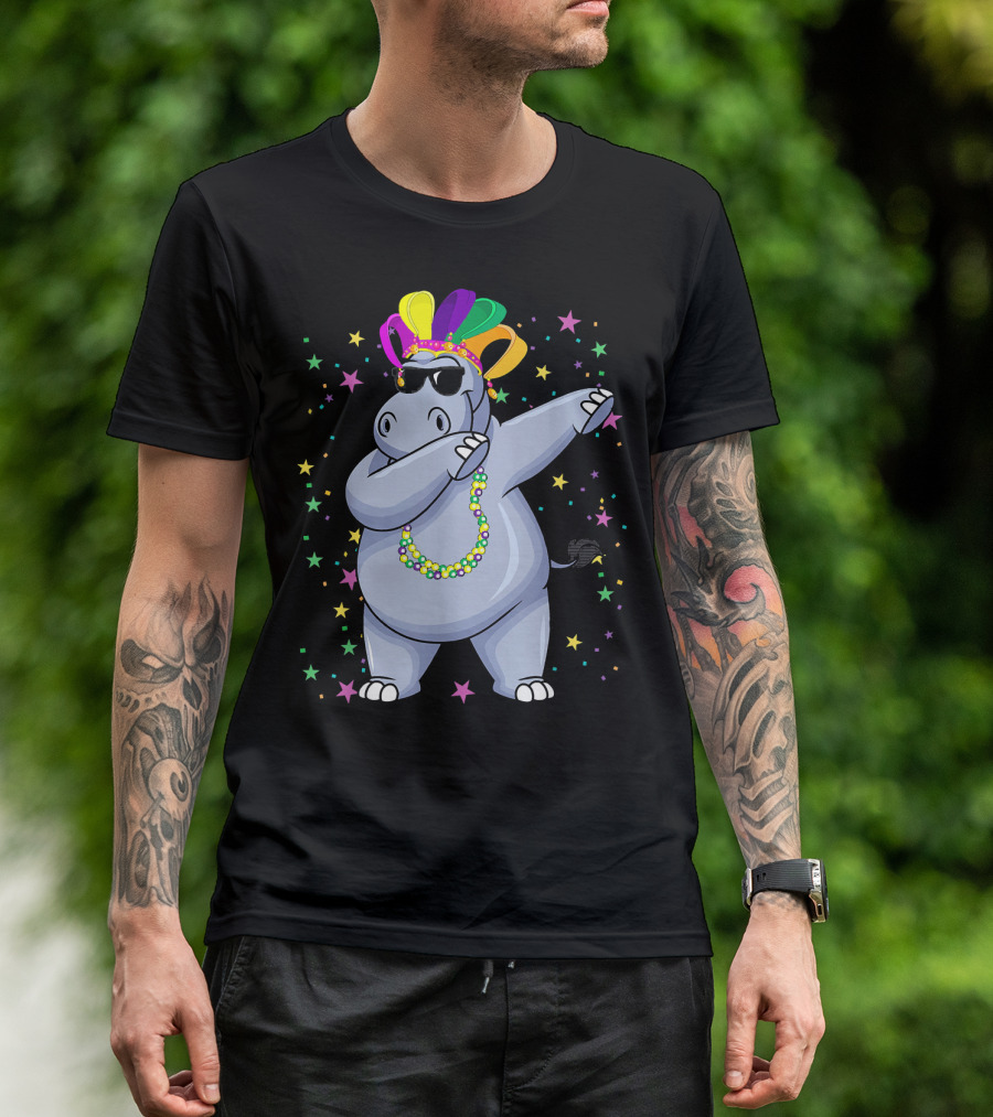 Hippo Dab Dance Mardi Gras Jester Beads And Stars T-Shirt