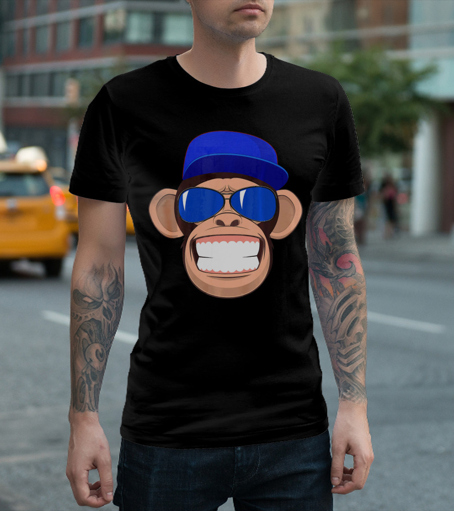 Monkey Face Humor Gorilla Chim With Blue Cap And Sunglasses T-Shirt