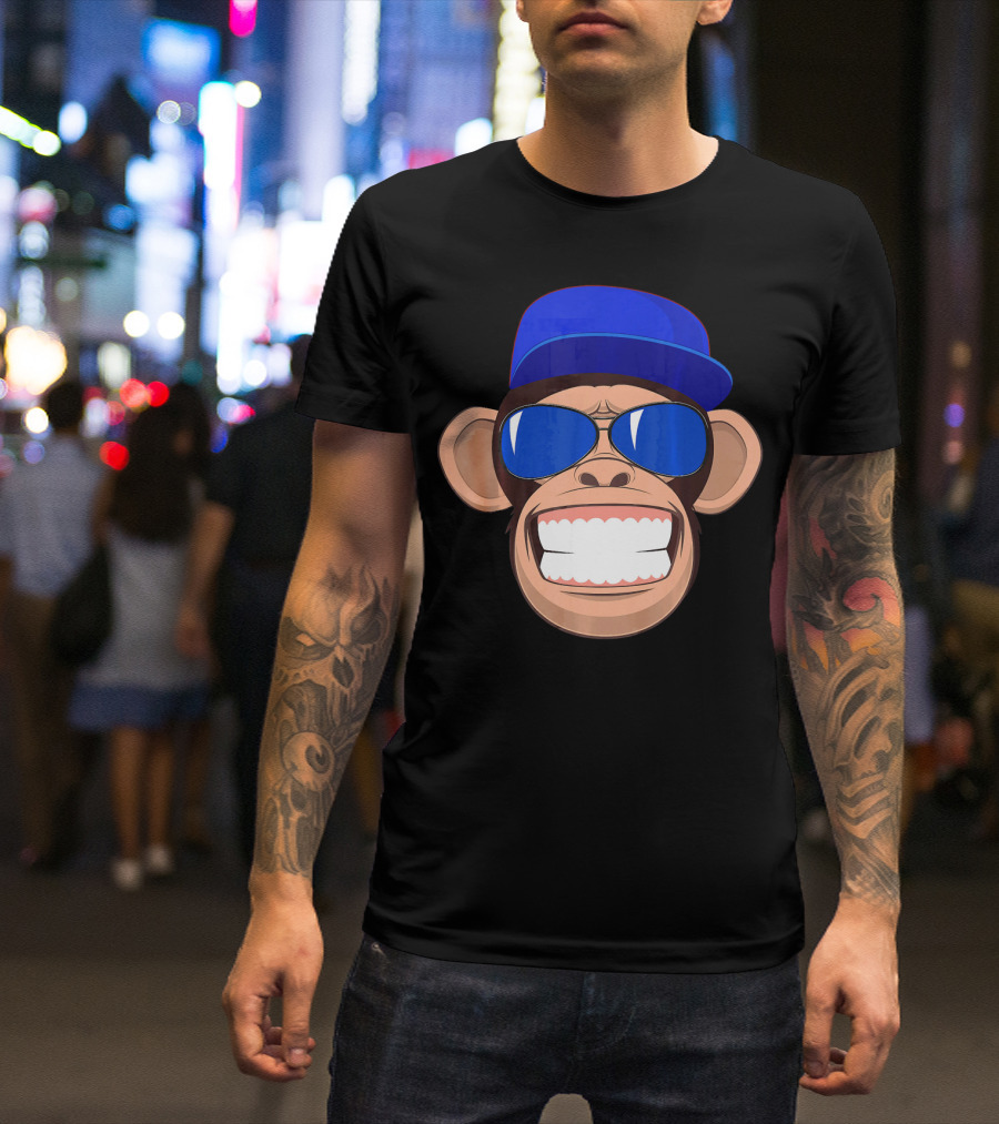 Monkey Face Humor Gorilla Chim With Blue Cap And Sunglasses T-Shirt