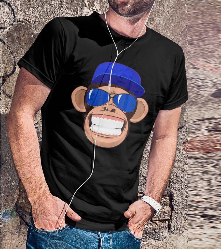 Monkey Face Humor Gorilla Chim With Blue Cap And Sunglasses T-Shirt