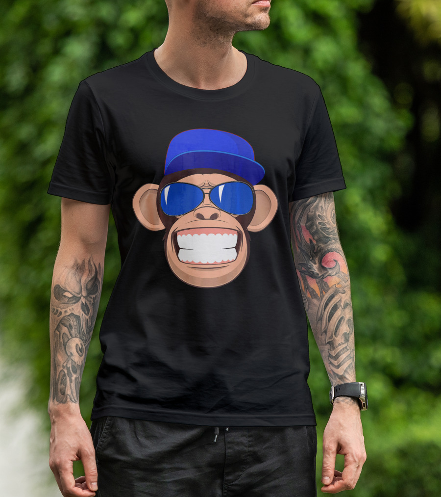 Monkey Face Humor Gorilla Chim With Blue Cap And Sunglasses T-Shirt