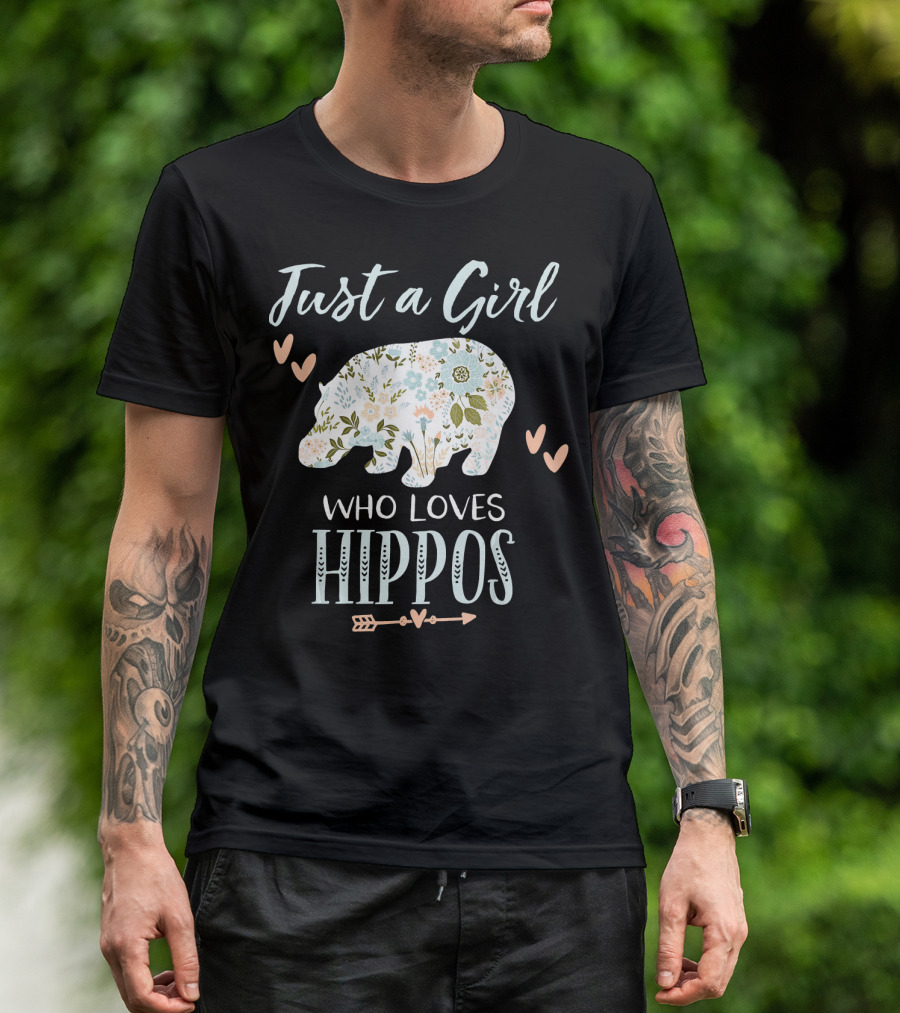 Just A Girl Who Loves Hippos Floral Hearts Arrow T-Shirt