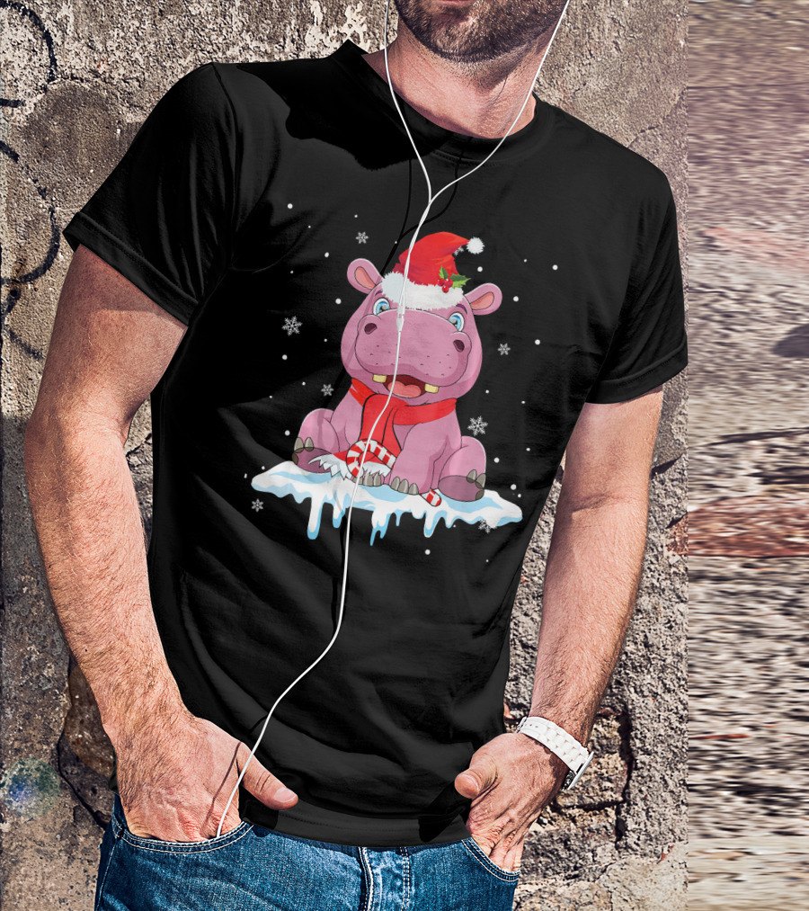 Hippopotamus Christmas Santa Hat Red Scarf Snowflakes Funny Hippopotamu T-Shirt