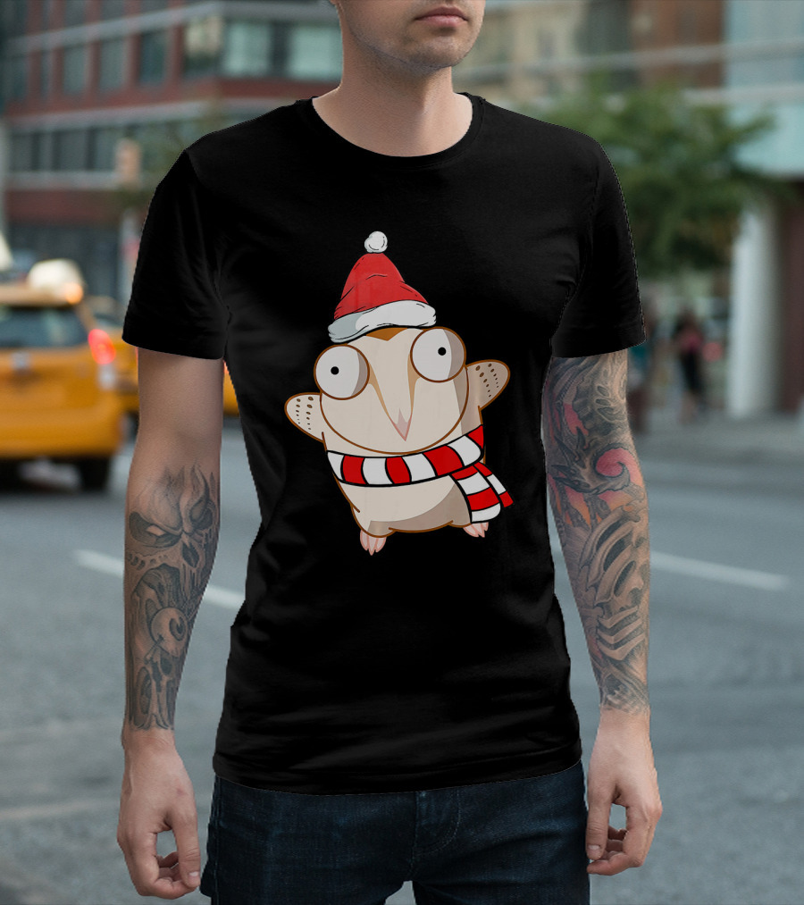Christmas Owl Cute Funny Animal Gra Santa Hat Scarf T-Shirt