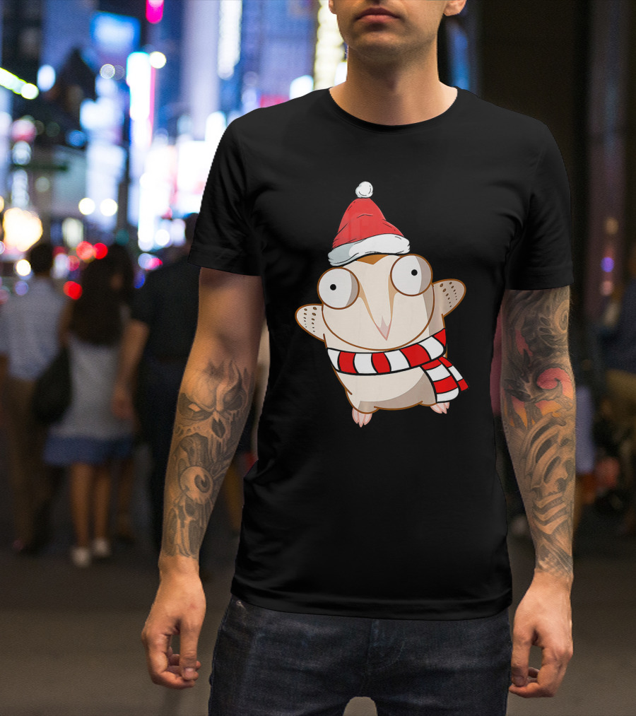 Christmas Owl Cute Funny Animal Gra Santa Hat Scarf T-Shirt