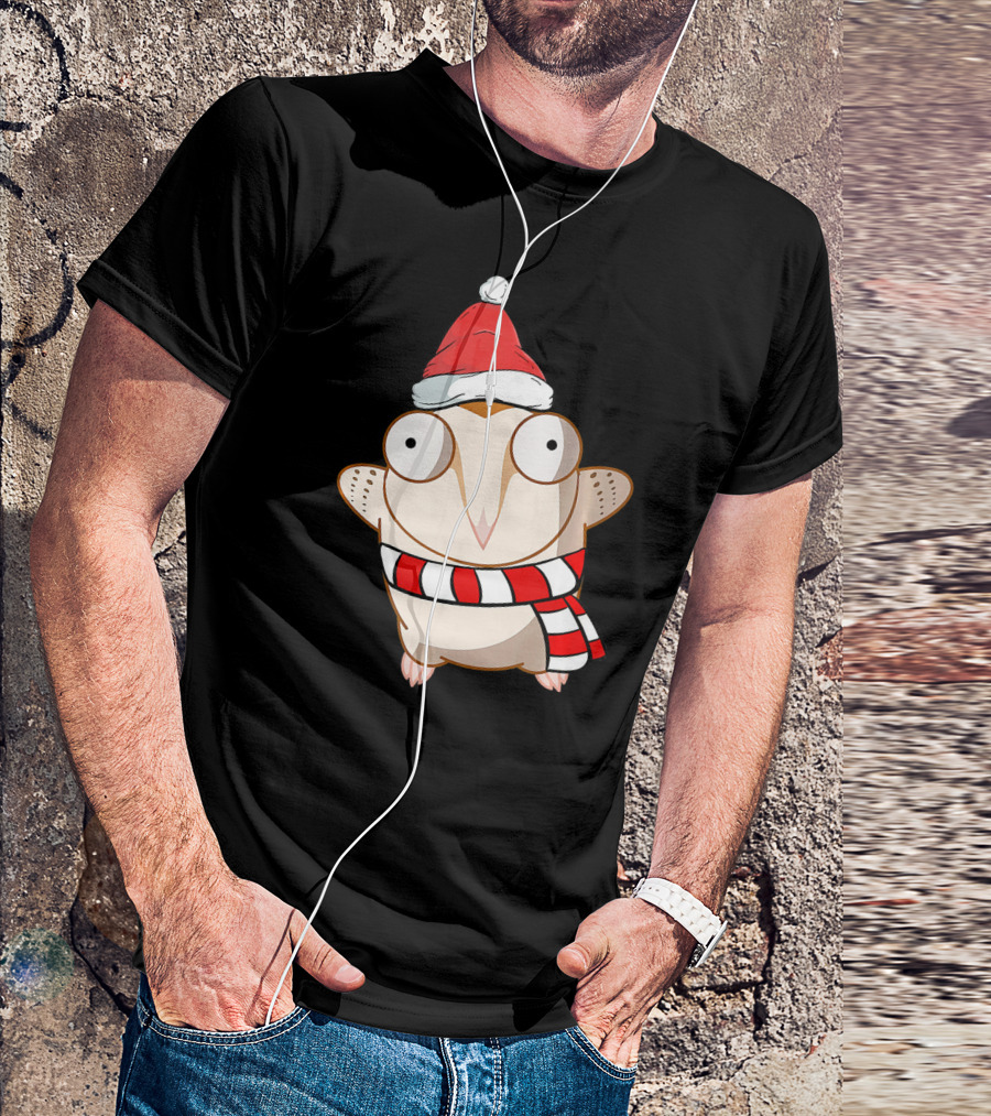 Christmas Owl Cute Funny Animal Gra Santa Hat Scarf T-Shirt