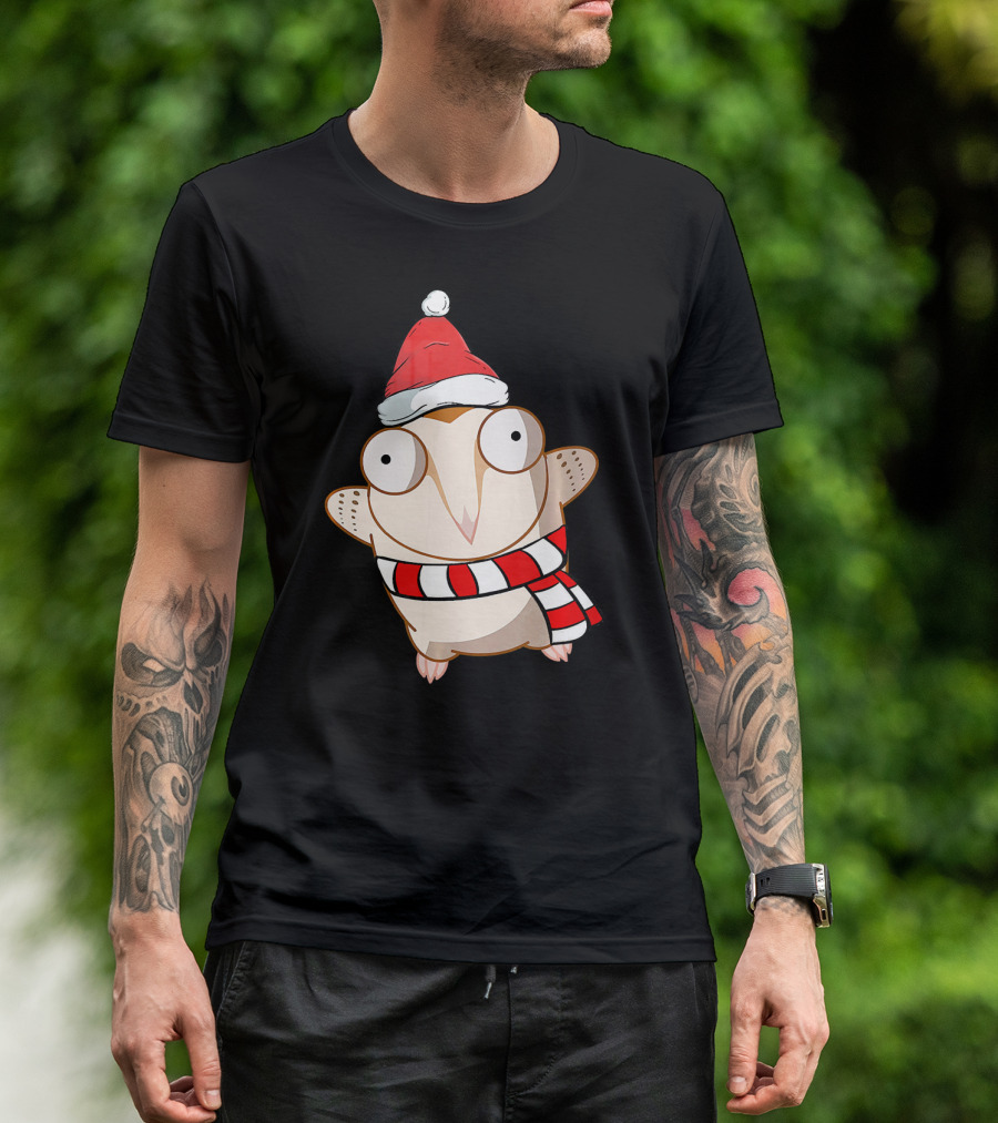 Christmas Owl Cute Funny Animal Gra Santa Hat Scarf T-Shirt