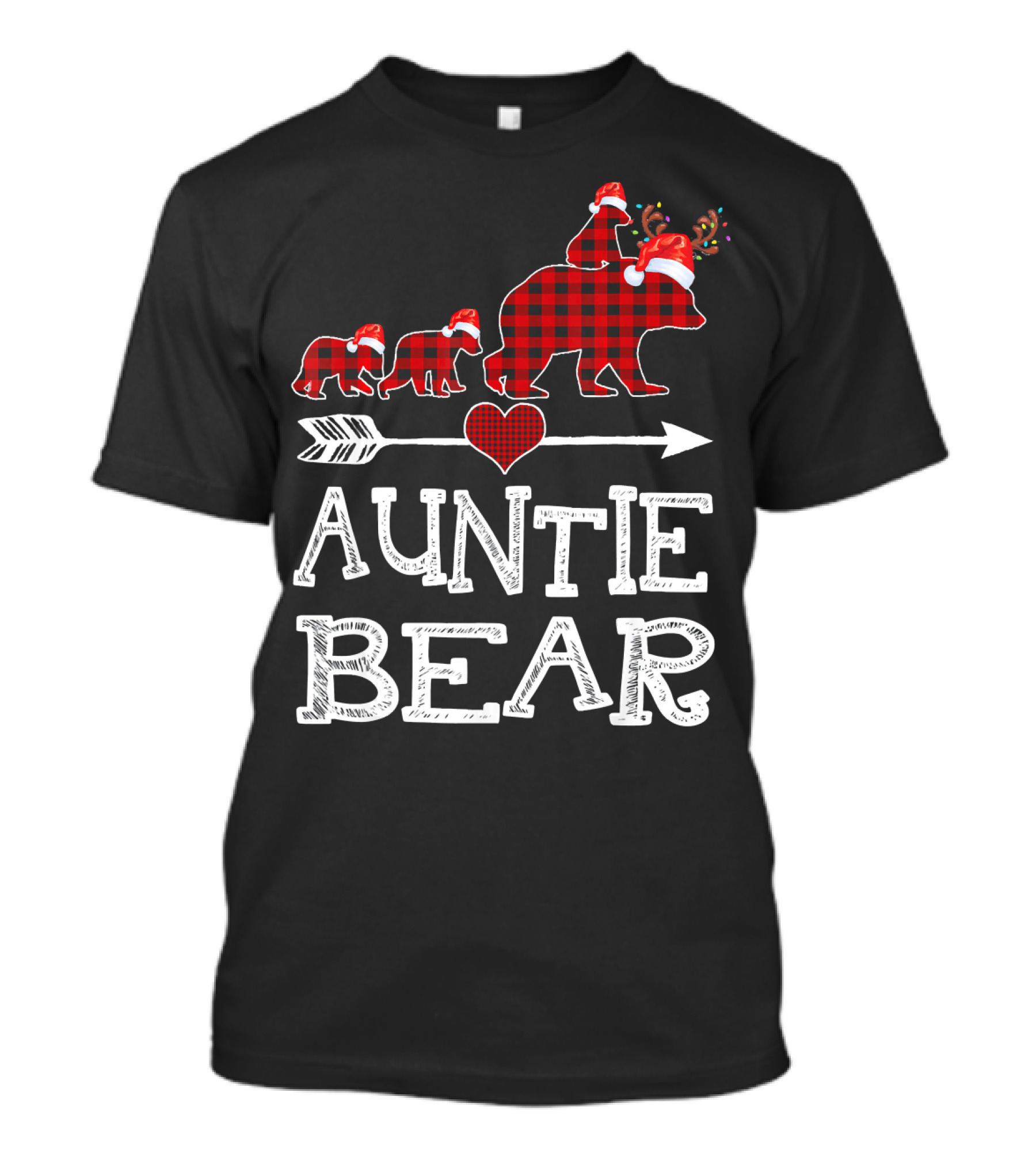 Auntie Bear Santa Hat Red Plaid Family Walking Arrow Heart T-Shirt