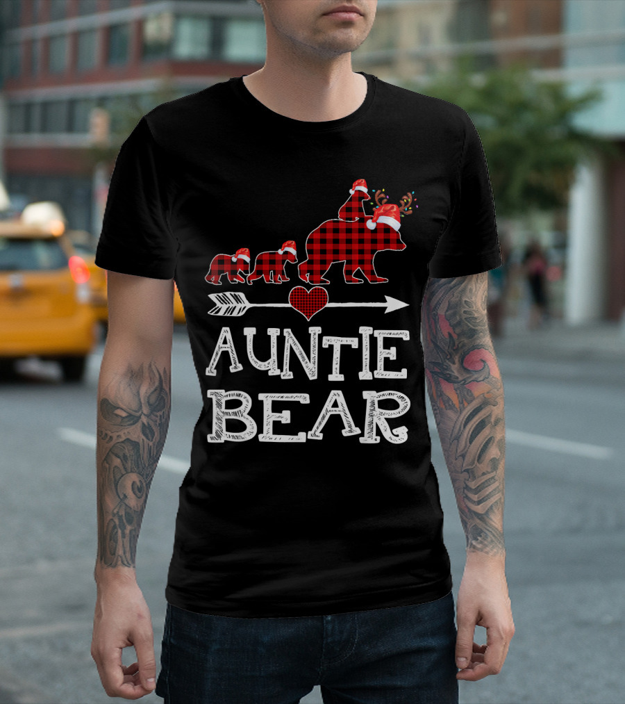 Auntie Bear Santa Hat Red Plaid Family Walking Arrow Heart T-Shirt