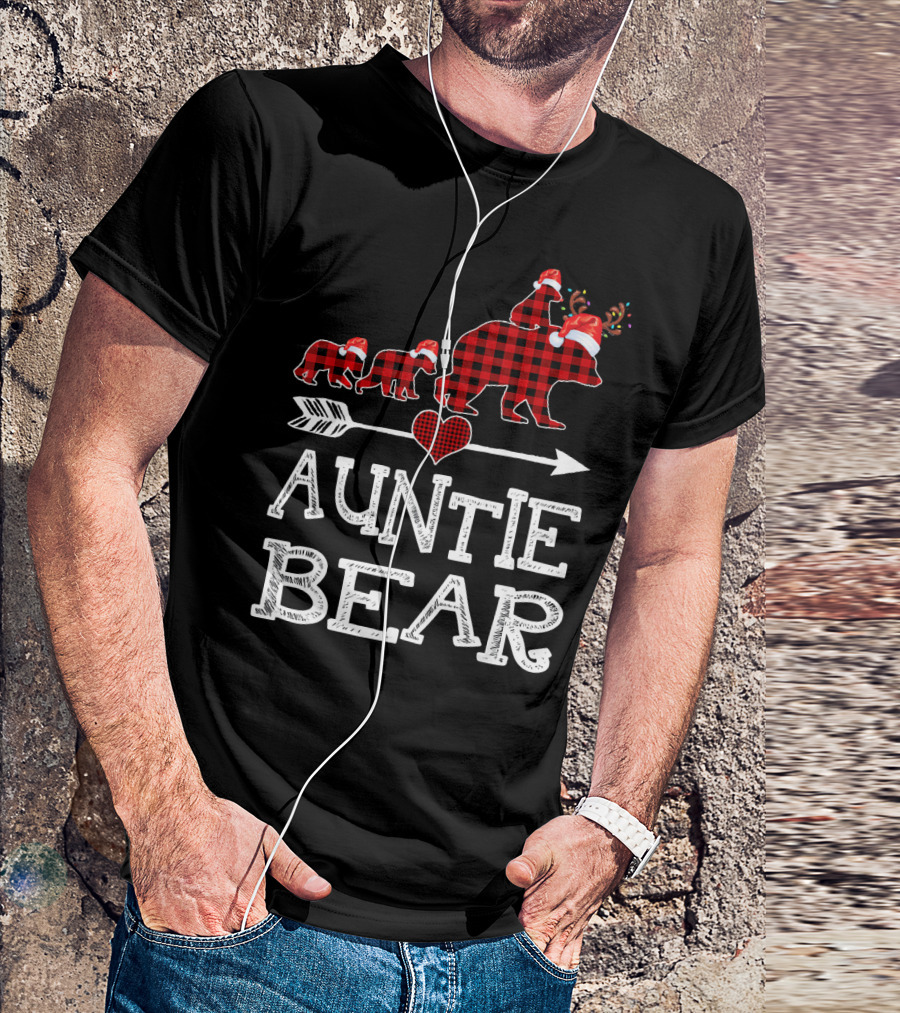 Auntie Bear Santa Hat Red Plaid Family Walking Arrow Heart T-Shirt
