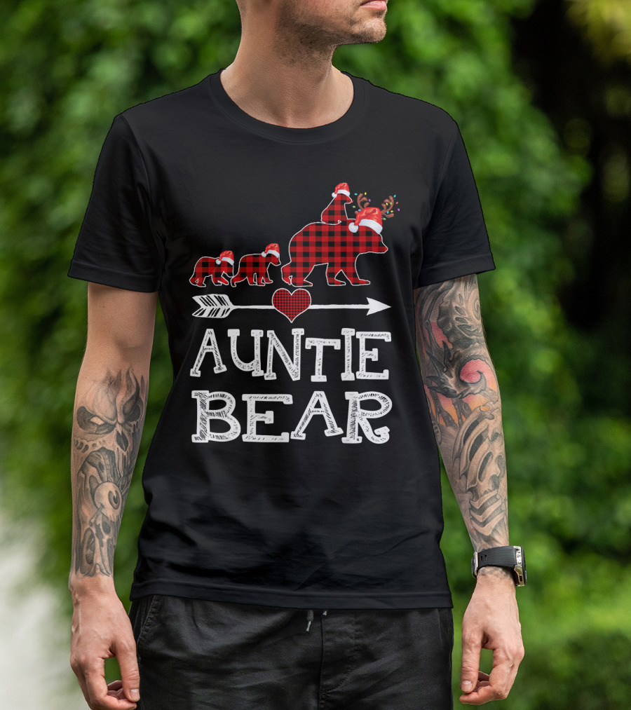 Auntie Bear Santa Hat Red Plaid Family Walking Arrow Heart T-Shirt