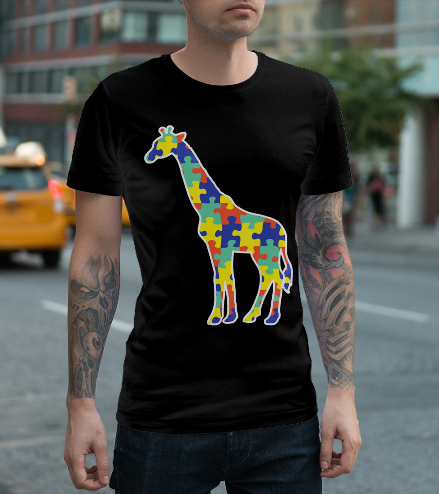 Autism Awareness Puzzle Pattern Giraffe T-Shirt