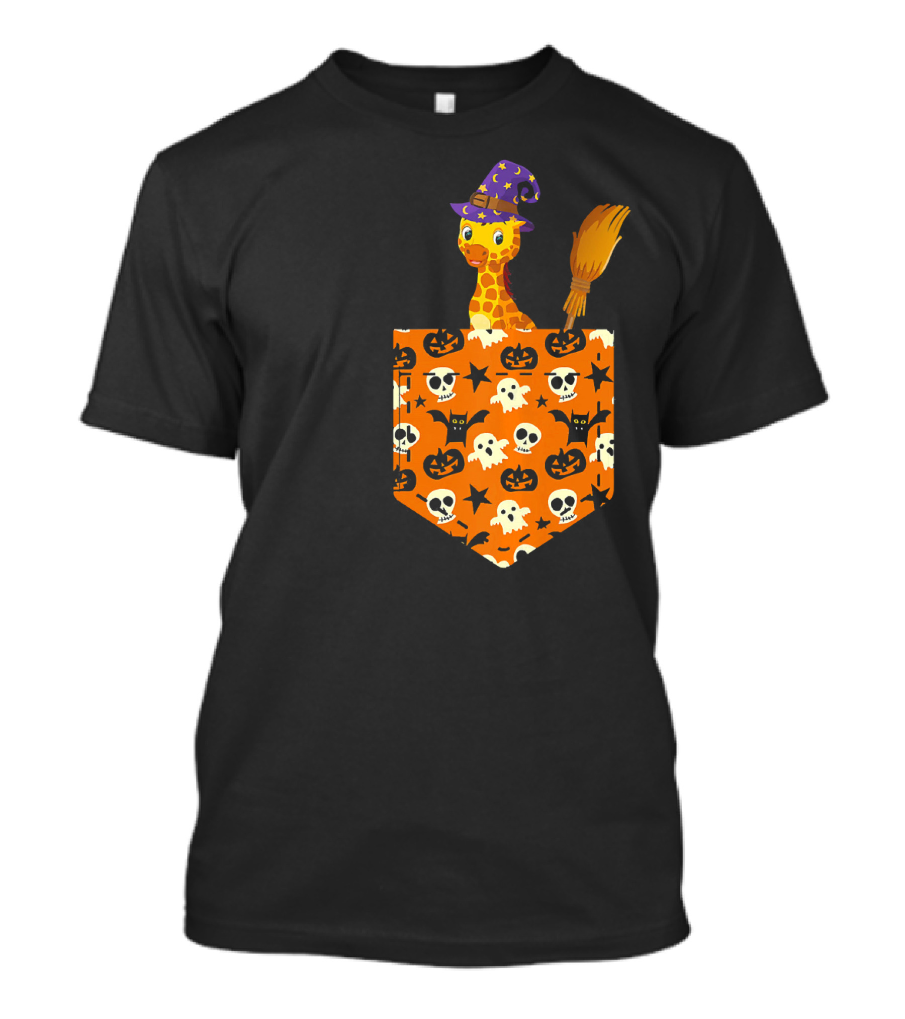 Cute Giraffe Pumpkin Pocket Halloween Witch Hat Broomstick Skulls Ghosts Stars T-Shirt