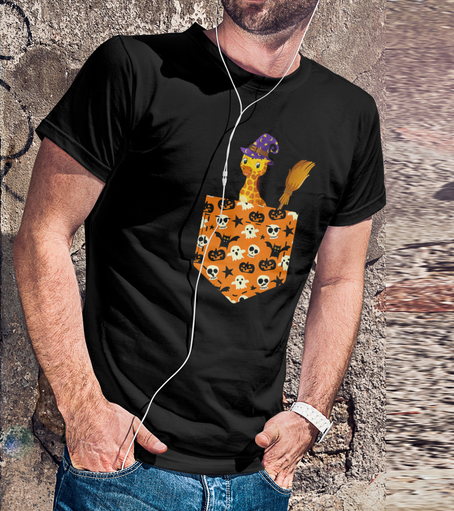 Cute Giraffe Pumpkin Pocket Halloween Witch Hat Broomstick Skulls Ghosts Stars T-Shirt