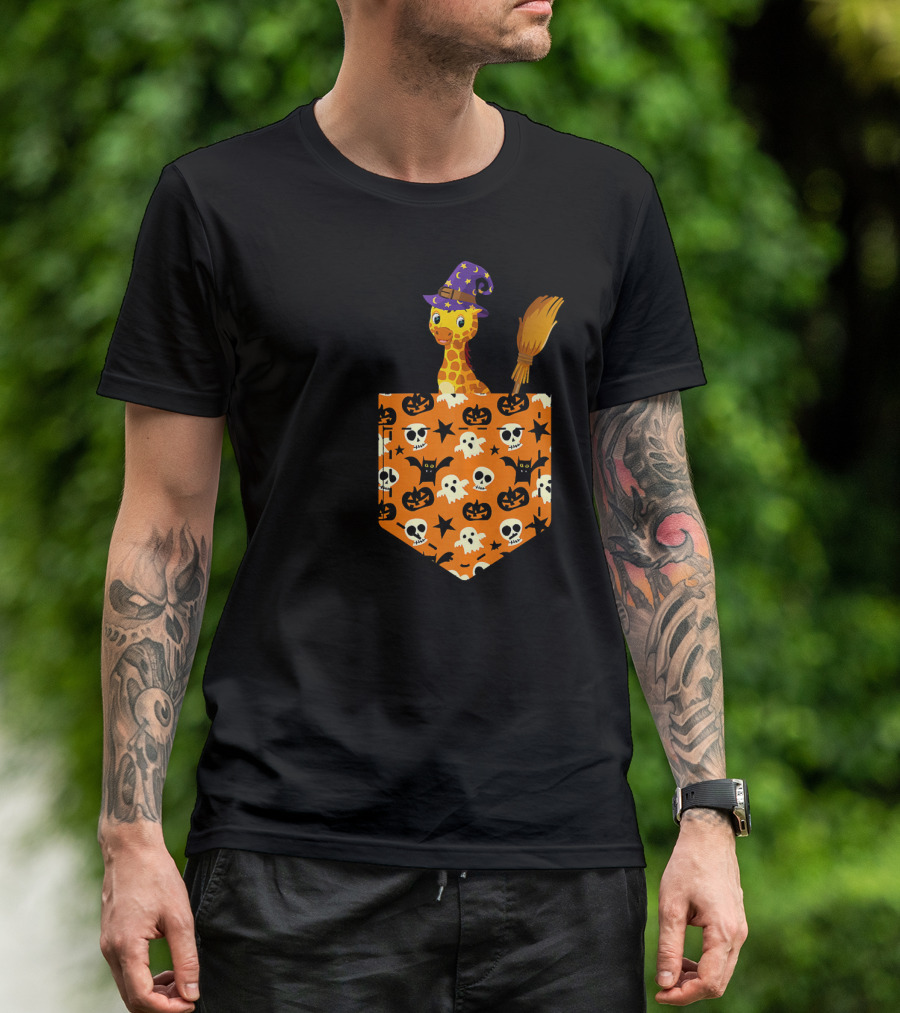 Cute Giraffe Pumpkin Pocket Halloween Witch Hat Broomstick Skulls Ghosts Stars T-Shirt