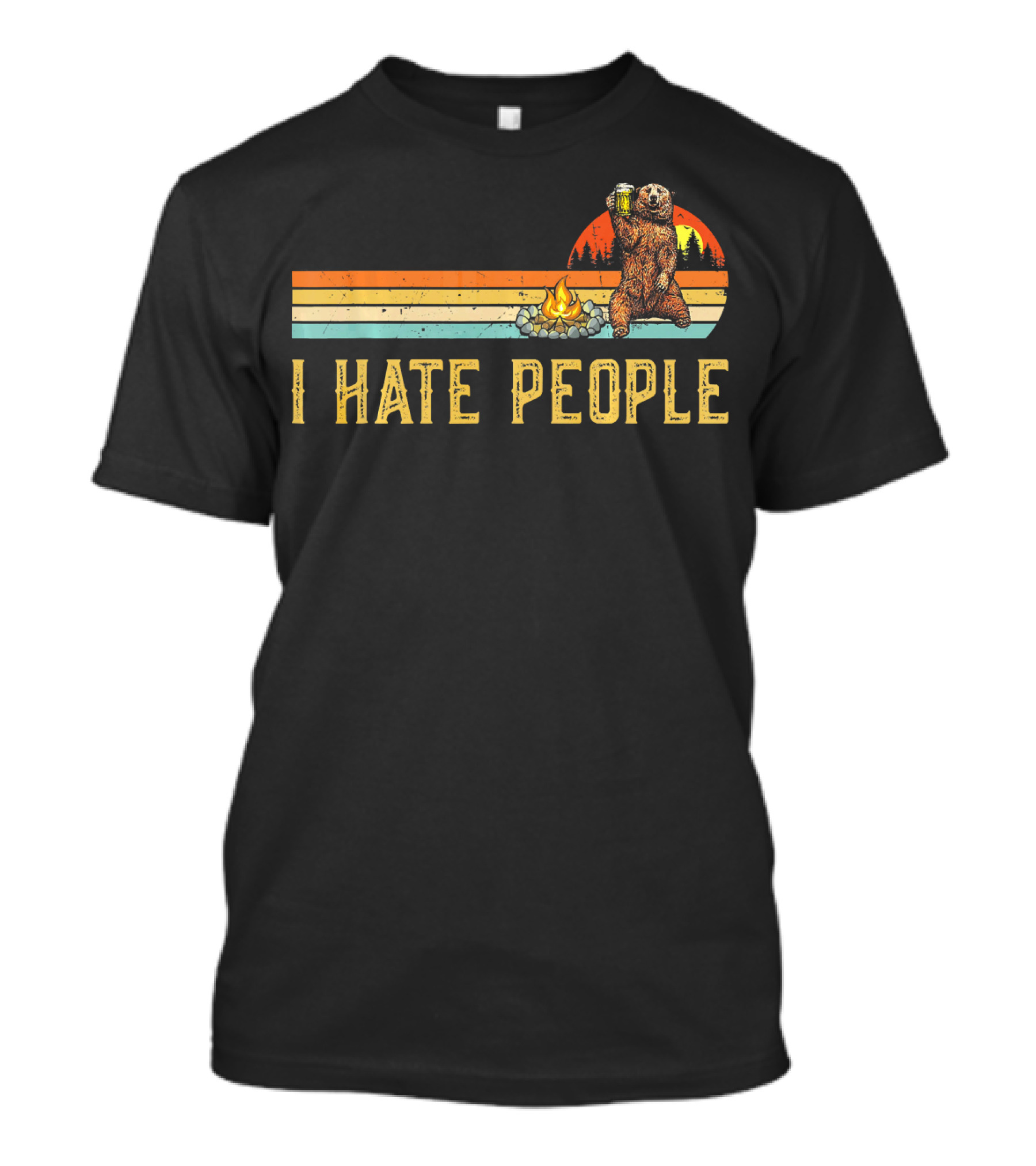 Bear Camping I Hate People Campfire Retro Sunset Scene T-Shirt